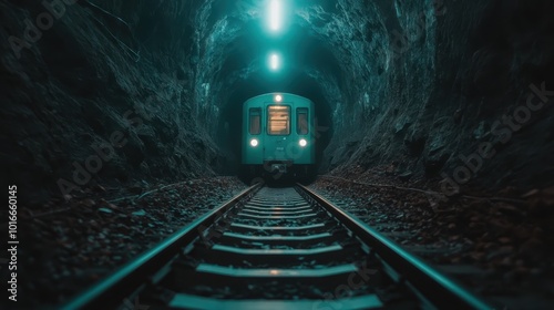 A subway train moves through a dimly lit underground tunnel, evoking a sense of urban exploration and the unseen mechanical life beneath bustling city streets. photo