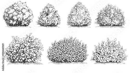 Set of vector bush illustrations on a white background. Architectural Drawings, Minimal style cad bush drawing, Side view, set of graphics bushes elements outline symbol for landscape design drawing