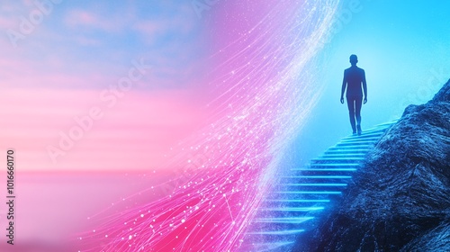 Journey Through Digital Realities: Man Ascending, Neural Network and Virtual Pathway