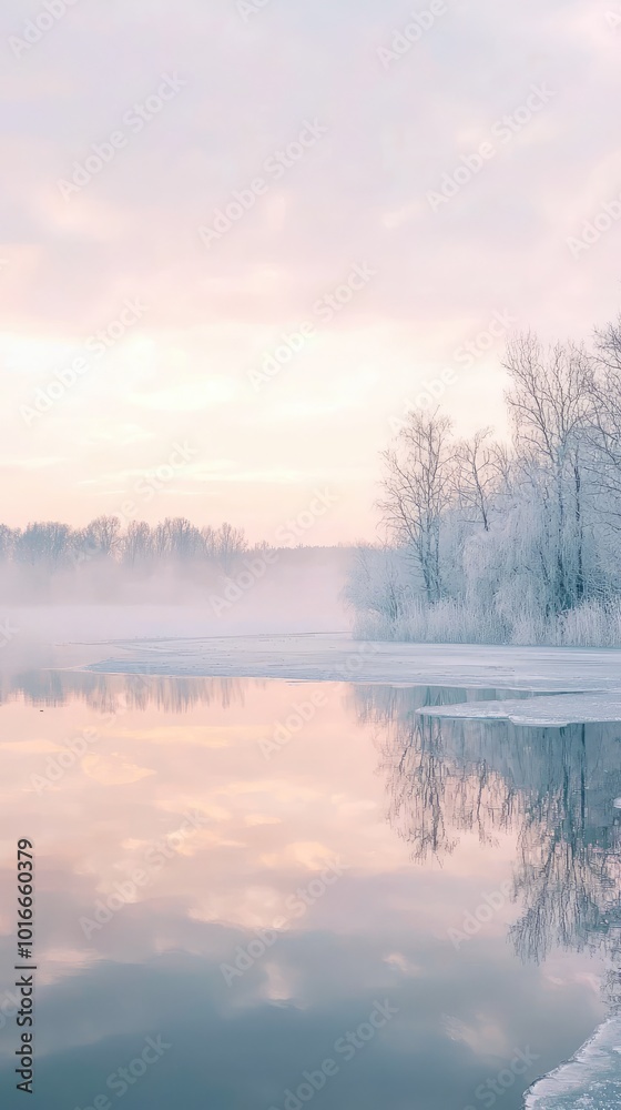 Fototapeta premium A serene winter landscape with icy reflections on a calm river at sunrise, surrounded by frosted trees.