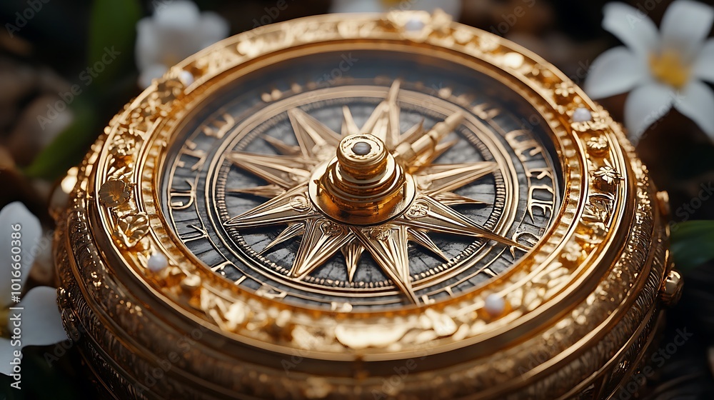 A golden compass with a black and silver face surrounded by white flowers. A golden compass with a black and silver face surrounded by white flowers.