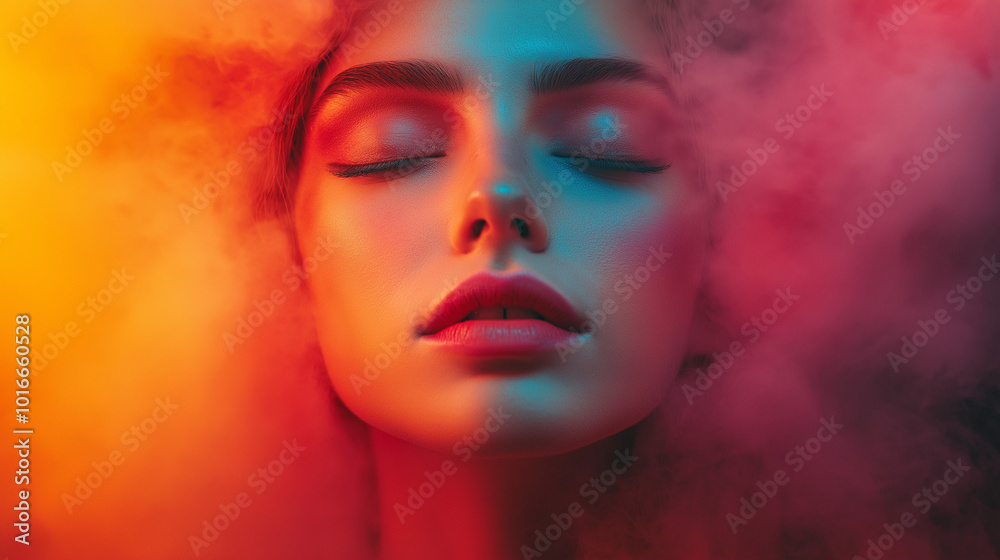 portrait of a woman with creative make up in the pink and yellow clouds portrait of a woman with creative make up in the pink and yellow clouds
