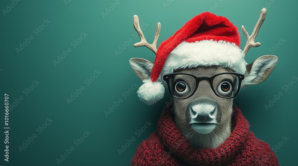 Reindeer with Santa hat on green mock up Christmas background 3D Rendering, 3D Illustration Reindeer with Santa hat on green mock up Christmas background 3D Rendering, 3D Illustration