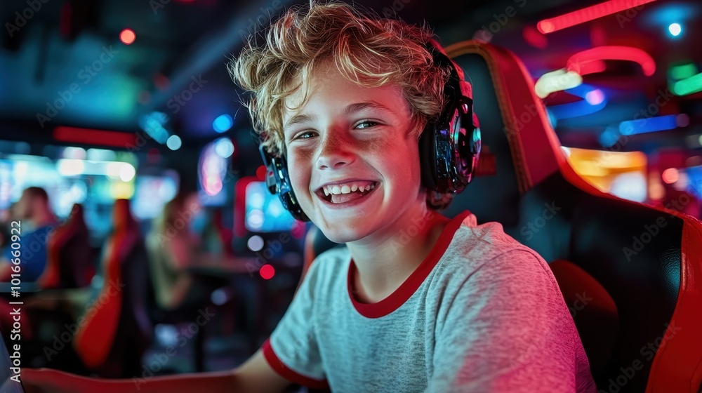 Young boy with headphones enjoys playing in a vibrant arcade, showcasing joy and enthusiasm in an exciting, high-tech gaming environment. Immersive playtime fun.