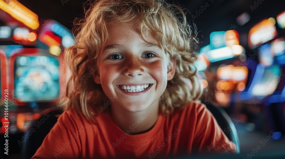 A smiling child relishes his time at the arcade center, personifying joy and childhood wonder in a glowing space bustling with colors and thrilling games. A smiling child relishes his time at the arcade center, personifying joy and childhood wonder in a glowing space bustling with colors and thrilling games.