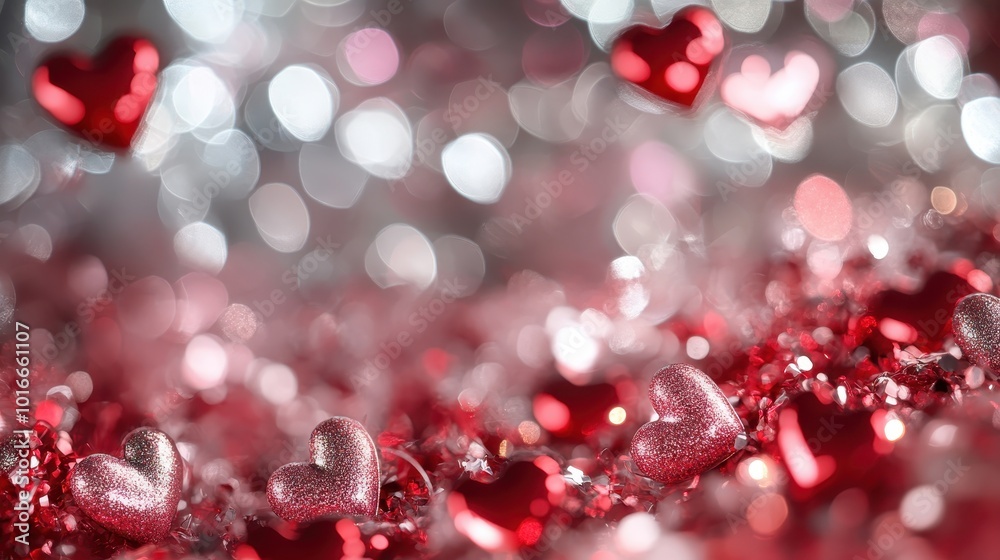 Glittery heart-shaped ornaments lie amidst bokeh lights, evoking romance and affection, while creating a dreamy ambiance with shimmering reflections in soft focus. Glittery heart-shaped ornaments lie amidst bokeh lights, evoking romance and affection, while creating a dreamy ambiance with shimmering reflections in soft focus.