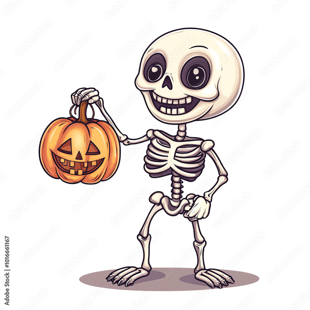 A cheerful skeleton holding a carved pumpkin, perfect for Halloween-themed illustrations and decorations.