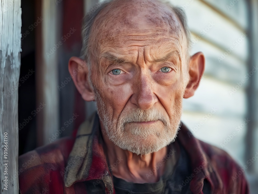An old man with blue eyes looking out of a window An old man with blue eyes looking out of a window