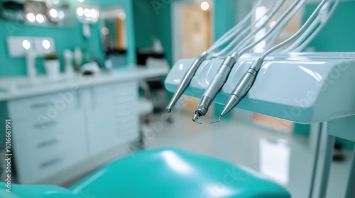 The image presents dental tools arranged next to a turquoise dental chair in a modern, clean office, illustrating a professional and hygienic healthcare environment.