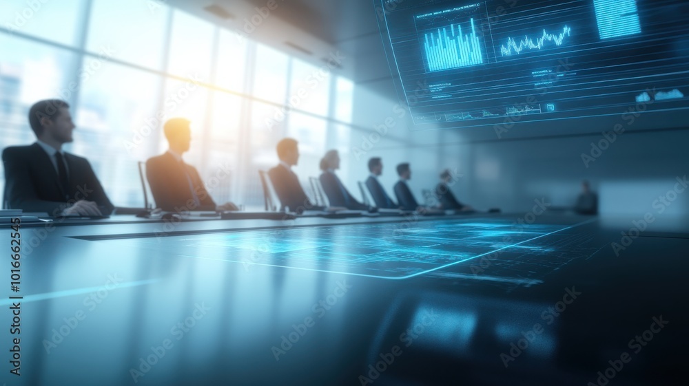 A modern conference room with business professionals engaged in a meeting, showcasing data analytics on a digital screen. A modern conference room with business professionals engaged in a meeting, showcasing data analytics on a digital screen.