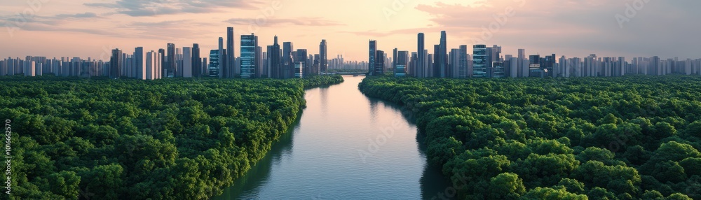 Stunning panoramic view of a city skyline merging with lush greenery along a tranquil river at sunset. Stunning panoramic view of a city skyline merging with lush greenery along a tranquil river at sunset.