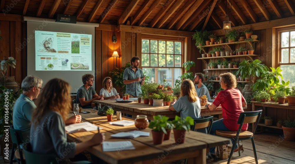 Participants engaged in an indoor agricultural workshop in a rustic barn learning about sustainable farming techniques Participants engaged in an indoor agricultural workshop in a rustic barn learning about sustainable farming techniques