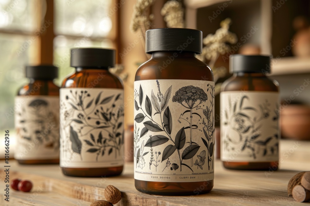 Four amber glass bottles with black lids and botanical illustrations on the labels, arranged on a wooden surface. Four amber glass bottles with black lids and botanical illustrations on the labels, arranged on a wooden surface.