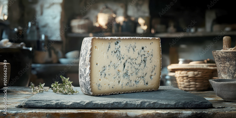 A wedge of blue cheese with visible veins of mold, placed on a slate serving board . AI generative. A wedge of blue cheese with visible veins of mold, placed on a slate serving board . AI generative.