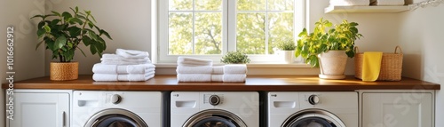 Bright laundry room with washers, neatly stacked towels, and lush plants, creating a fresh and inviting atmosphere.