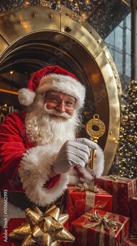 Santa Claus inside modern bank lobby, holding golden key with festive presents around him. scene captures joyful spirit of Christmas, blending tradition with contemporary setting