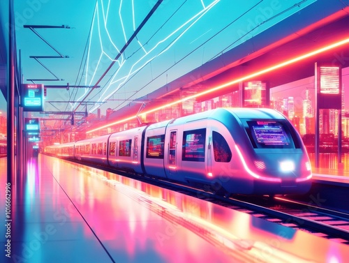 Futuristic train station with vibrant neon lights and sleek train design, showcasing modern transportation in a digital age.