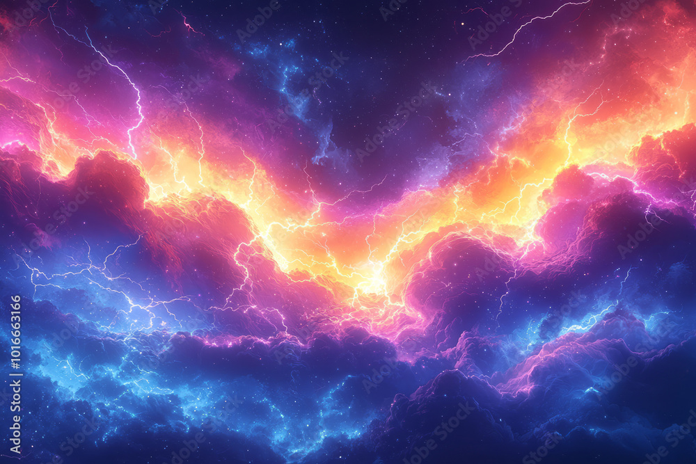 An abstract illustration of lightning bolts in vibrant colors, An abstract illustration of lightning bolts in vibrant colors,