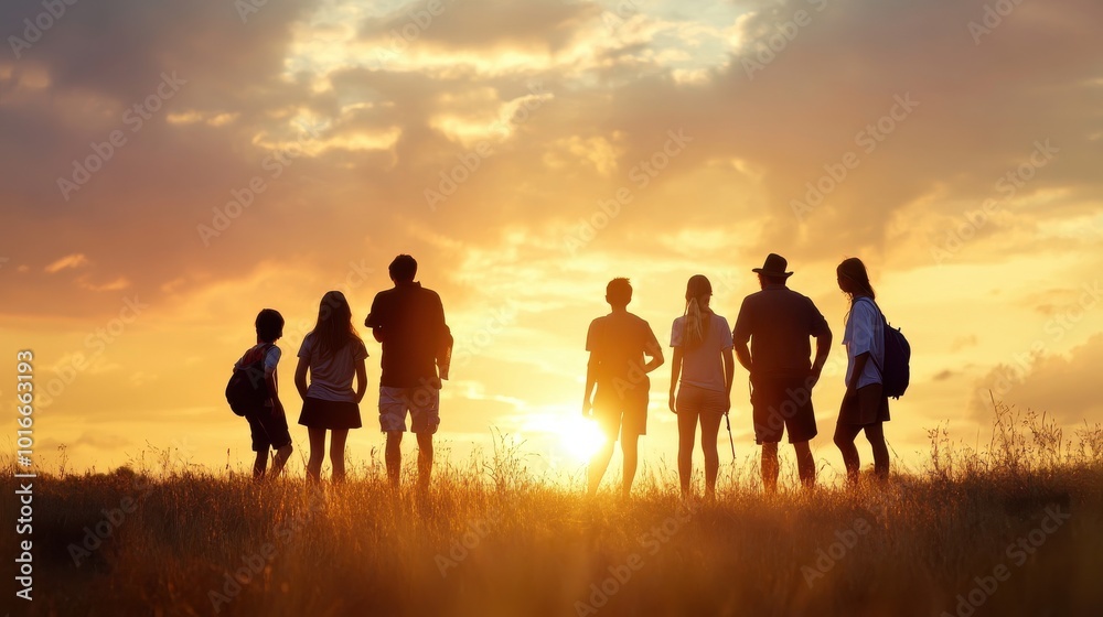 Group of friends watching sunset in open field symbolizing togetherness and adventure Group of friends watching sunset in open field symbolizing togetherness and adventure