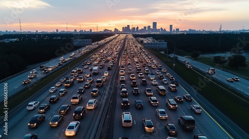 Dense traffic on a multi-lane highway during sunset with a city skyline in the background. Cars occupy the entire road, indicating heavy congestion.