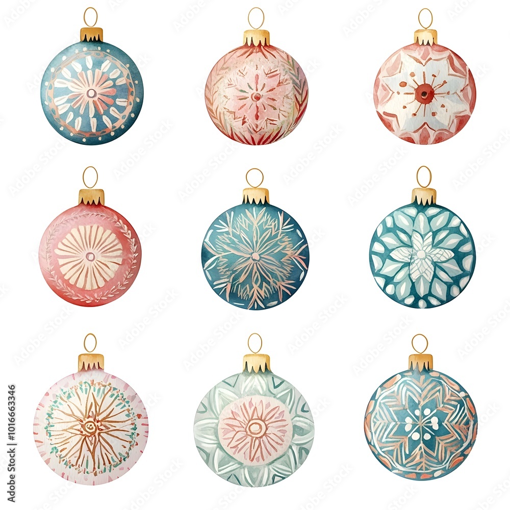 Boho style Christmas ornament set featuring a collection of round hanging with mandala designs in a soft watercolor palette of pastel colors isolated on a white background Boho style Christmas ornament set featuring a collection of round hanging with mandala designs in a soft watercolor palette of pastel colors isolated on a white background