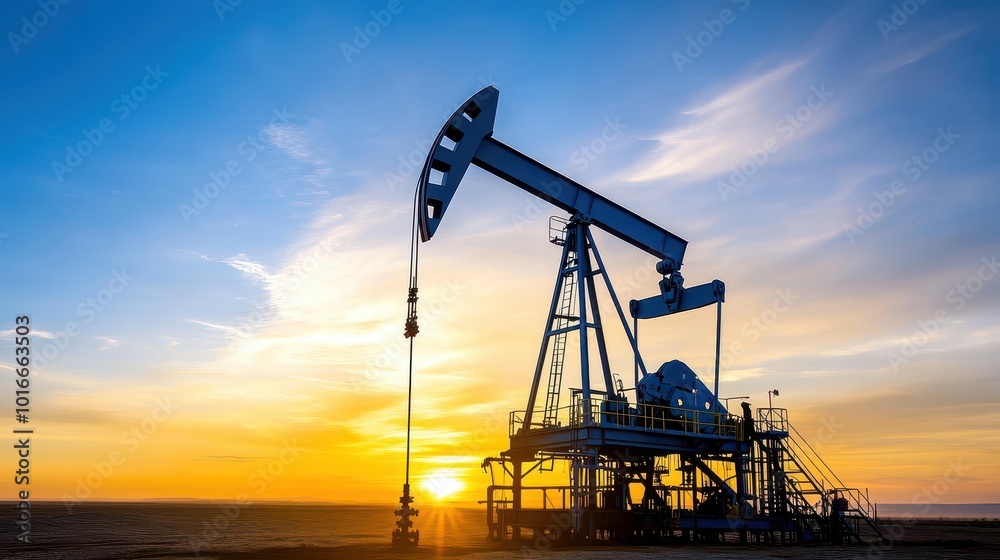 An oil pumpjack silhouetted against a vibrant sunset sky, representing energy extraction and the oil industry in a rural landscape. An oil pumpjack silhouetted against a vibrant sunset sky, representing energy extraction and the oil industry in a rural landscape.
