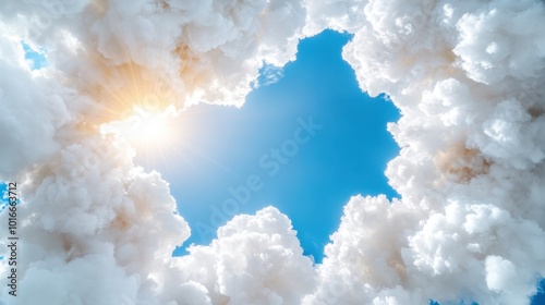 A breathtaking view of a radiant sunny sky as the sun shines through the bright, fluffy clouds, creating a luminous and uplifting heavenly atmosphere. photo