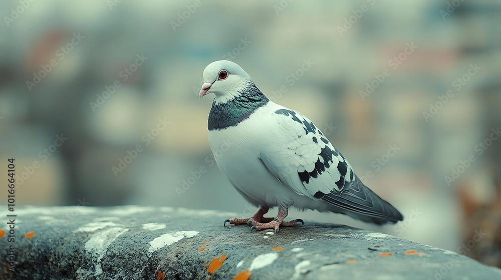 White pigeon in an autumn setting standing on a rock White pigeon in an autumn setting standing on a rock