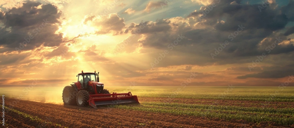 Fototapeta premium Tractor Sunset Field.