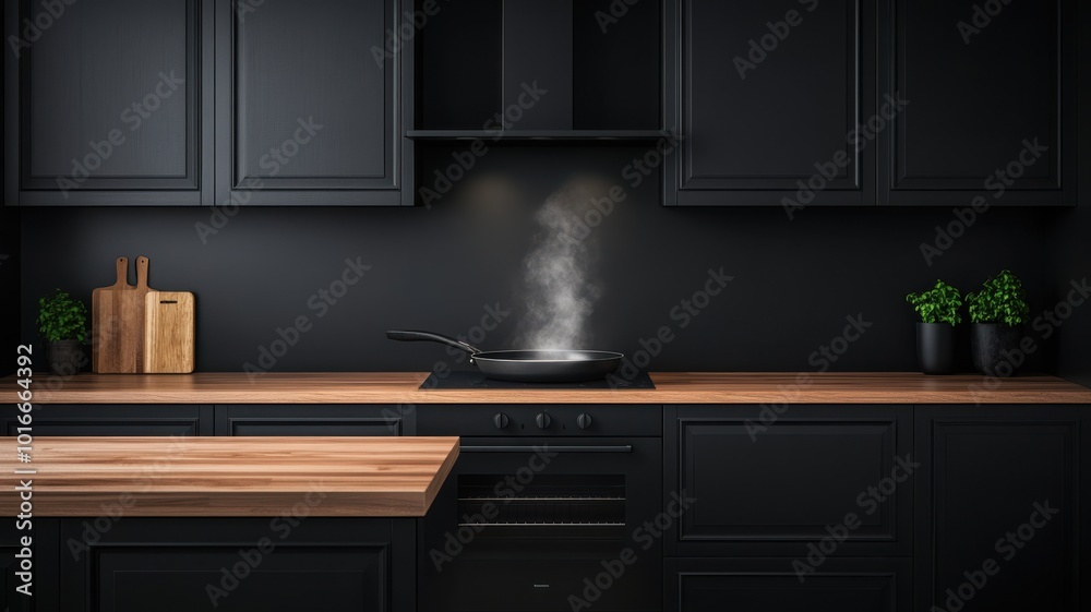 Modern kitchen with black cabinets and wooden countertop, showcasing a frying pan releasing steam and vibrant green plants. Modern kitchen with black cabinets and wooden countertop, showcasing a frying pan releasing steam and vibrant green plants.