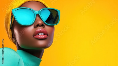 A dynamic portrait highlighting vivid teal and orange contrasts, capturing a woman in vibrant fashion with striking sunglasses and an expressive pose.