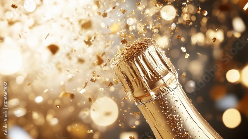 A champagne bottle is captured mid-burst, surrounded by golden sparkles and a festive atmosphere, showcasing celebration and effervescence in full swing. photo