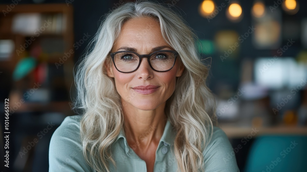 A woman with silver hair and glasses, exuding confidence and empathy, smiles gently in a modern setting, reflecting maturity and sophistication. A woman with silver hair and glasses, exuding confidence and empathy, smiles gently in a modern setting, reflecting maturity and sophistication.