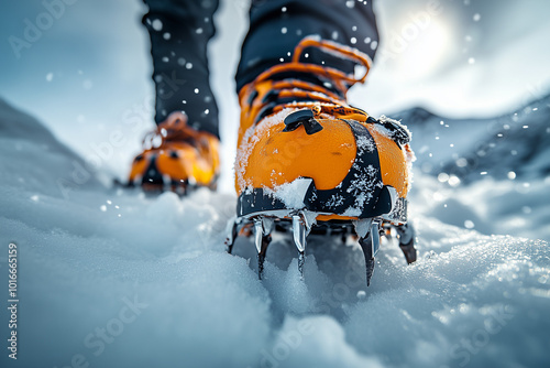 Mountaineering crampons on the climbing boots close up background.