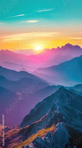 A stunning mountain landscape at sunset, featuring vibrant colors and serene atmosphere, perfect for nature enthusiasts.