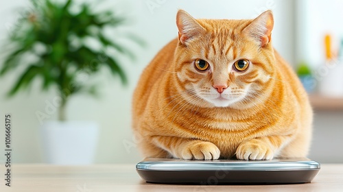Orange cat sitting on a digital scale, focused expression, bright indoor setting.concept National Pet Obesity Awareness Day