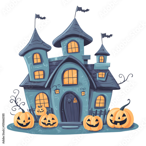 A whimsical haunted house adorned with cheerful pumpkins, perfect for Halloween-themed designs and decorations.