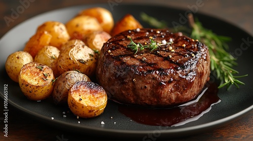 A perfectly cooked steak with a rosemary sprig and roasted potatoes on a black plate.