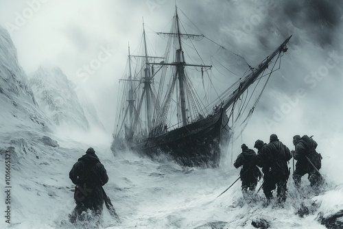 Old whaling ship and the sailors in the snowy sea background.