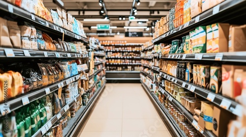 Wallpaper Mural A supermarket aisle with shelves stocked with various packaged food items, snacks, and beverages. The image shows an organized and well-lit grocery store. Torontodigital.ca
