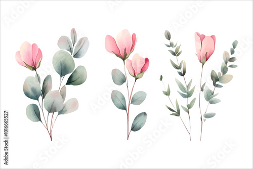 Set of delicate watercolor floral design featuring soft pink blossoms