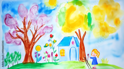 Child's colorful drawing of house, trees, and flowers in a garden