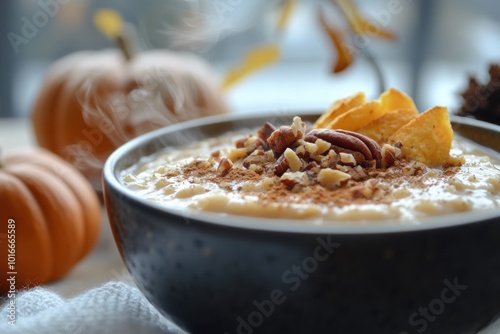 winter spiced baked oats, enjoy the rich flavors of winter with a steaming bowl of baked oats filled with warming spices, creamy pumpkin puree, and toasted pecans