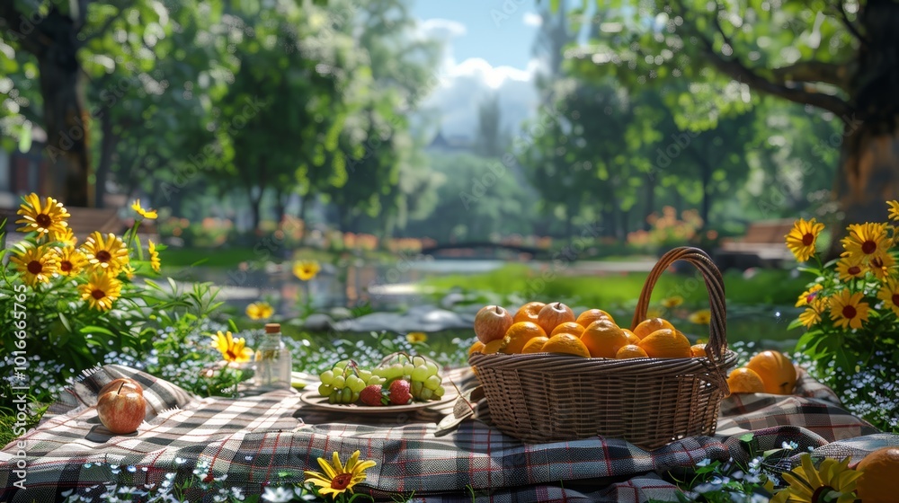 Serene Picnic Scene in a Lush Green Park with Basket of Fruits and Flowers on a Checkered Blanket Serene Picnic Scene in a Lush Green Park with Basket of Fruits and Flowers on a Checkered Blanket