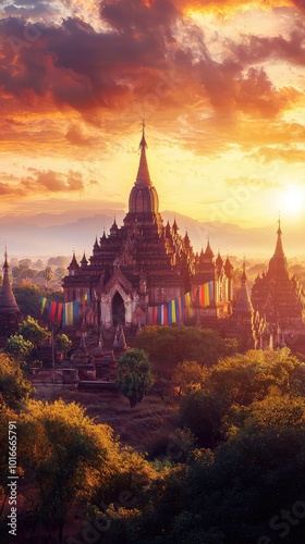 A stunning sunset view of an ancient temple surrounded by vibrant foliage, capturing the essence of tranquility and heritage.