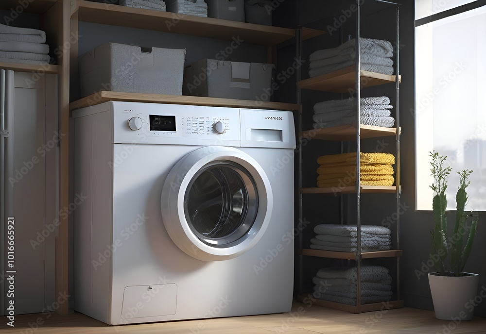 Modern washing machine with laundry in interior of bathroom Modern washing machine with laundry in interior of bathroom