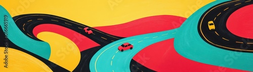 A vibrant, abstract landscape with winding roads and colorful backgrounds, symbolizing adventure and exploration.