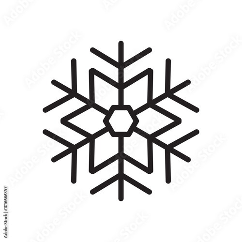 Snowflake for snow design and pattern. Black line Christmas element isolated on white background. Freeze symbol. Snow flake icon. Ice crystal graphic. Simple shape. Vector illustration