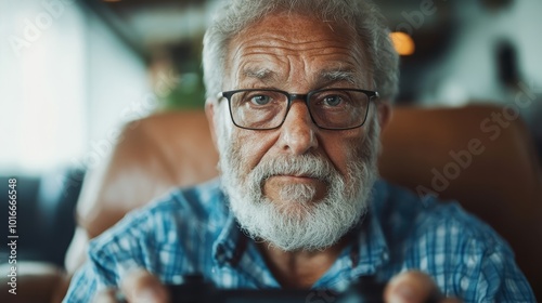 A bearded elderly man wearing glasses sits enthusiastically holding a game controller in hand, capturing the joy of interactive gaming and wisdom in technology.