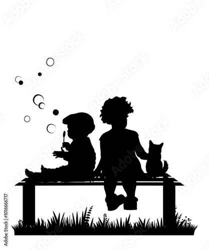 Children and pets silhouettes on white background. Little boy and girl playing with pet and soap bubbles. Vector illustration.	
